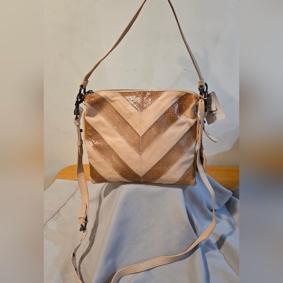 Vintage Badgley Mischka Tan & Gold Chevron Snakeskin Leather Crossbody Bag. NWT - Picture 9 of 15